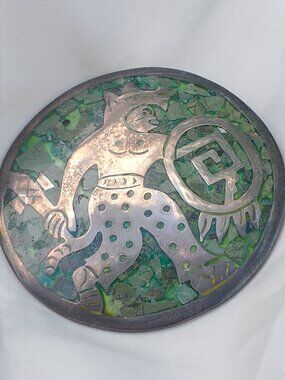 Vintage TAXCO Brooch-Pendant Signed JGC – Aztec Warrior – Turquoise & Alpaca Mos